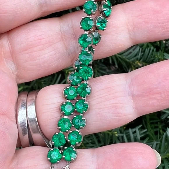 VINTAGE ART DECO STERLING SILVER EMERALD GREEN RHINESTONES TENNIS BRACELET